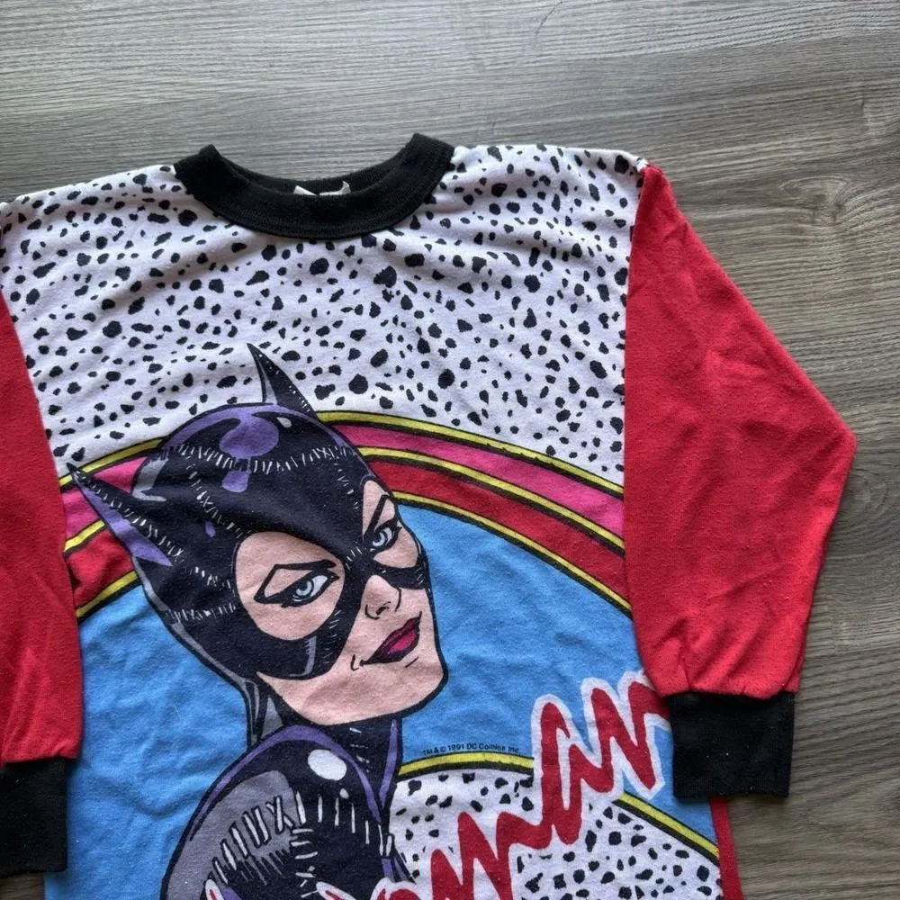 Vintage 90s Catwoman Pajama Dress Shirt Youth Girls Size Small AOP DC Comics USA